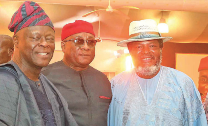 Chairman of Air Peace, Barrister Allen Onyema (middle), Chairman of Thisday Newspaper/Arise News Media Group, Prince Nduka Obaigbena (right) and another guest at the award ceremony held on Sunday, October 30, 2022, at the Federal Palace Hotel, VI, Lagos.