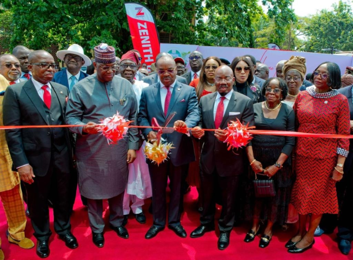 L-R: Group Managing Director/CEO, Zenith Bank Plc, Mr. Ebenezer Onyeagwu; President, Unilag Alumni Association, Dr. John Momoh; Executive Governor, Akwa Ibom State, Elder Udom Emmanuel; Founder and Chairman, Zenith Bank Plc, Jim Ovia, CFR; Deputy Managing Director, Zenith Bank Plc (2nd Right - 2nd Row), Dame (Dr.) Adaora Umeoji, OON; Wife of Late Prof. Oyewusi Ibidapo-Obe, Mrs. Sola Ibidapo-Obe; and Vice-Chancellor, University of Lagos, Prof. Folasade Ogunsola during the Commissioning of the Iconic Building (Oyewusi Ibidapo-Obe House) housing Zenith Bank Unilag Branch and Unilag Alumni, on Friday, November 25, 2022.
