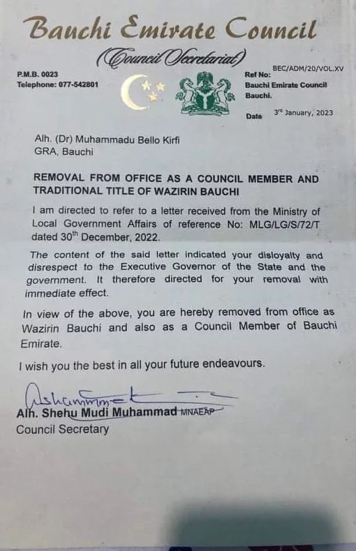 Alhaji Muhammadu Bello Kirfi removal letter - THEWILL NEWS MEDIA