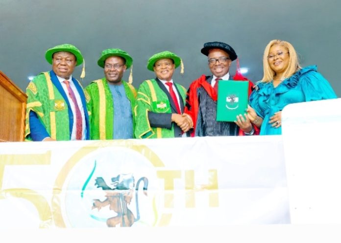 Dr. Ebenezer Onyeagwu L – R: Vice Chancellor, University of Nigeria, Nsukka, Prof. Charles Arinzechukwu Igwe; Minister of State for Education, Rt. Hon. Goodluck Nanah Opiah; Pro-Chancellor and Chairman of the Governing Council of University of Nigeria, Nsukka, Amb. Bako Sani; Group Managing Director/CEO, Zenith Bank Plc, Dr. Ebenezer Onyeagwu; and Mrs Kachi Onyeagwu during the conferment of the Doctorate Degree in Business Administration on Dr Onyeagwu by the University of Nigeria, Nsukka, at the weekend.