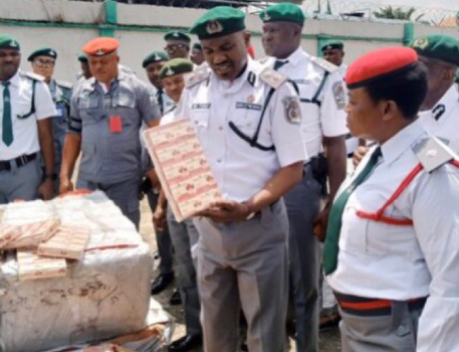NCS The Customs Area Controller, Murtala Muhammed Airport Area Command of the Nigeria Customs Service (NCS), Comptroller Muhammed Sanni Yusuf, during the inspection of the seized drugs before handing them over to officers of the National Drug Law Enforcement Agency (NDLEA), Murtala Muhammed International Airport Lagos, on Wednesday.