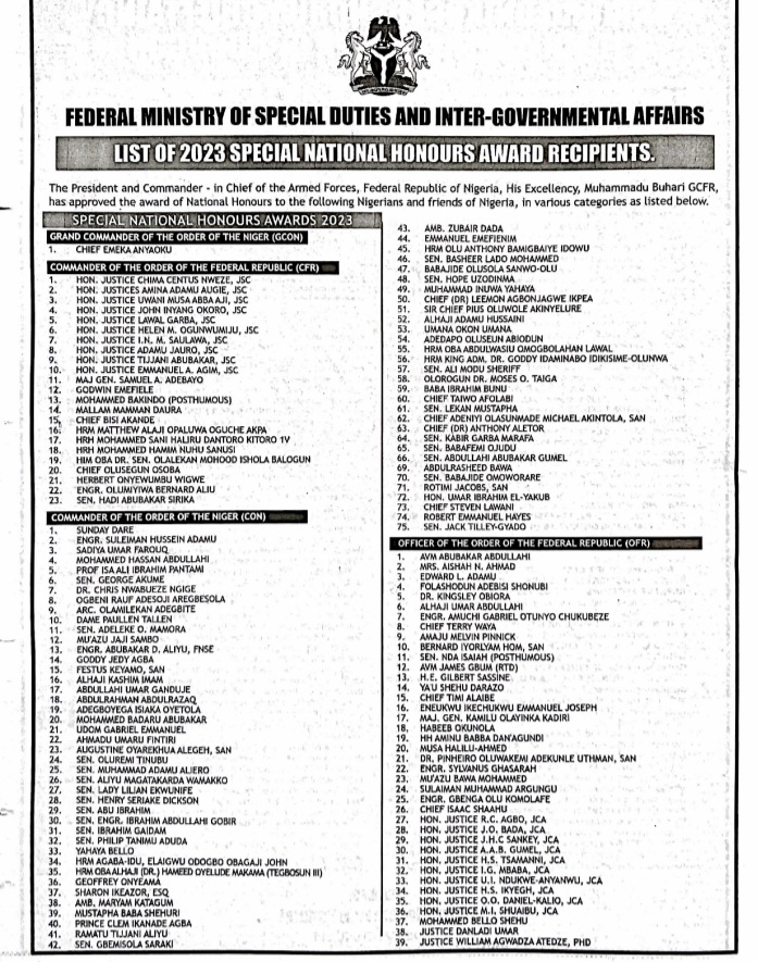 National Honours list - THEWILL NEWS MEDIA