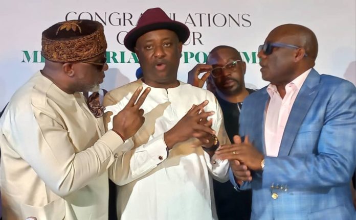 The new Minister of Aviation and Aerospace Development, Festus Keyamo (SAN), flanked by the Vice President of AON, Chief Allen Onyema and Spokesperson of AON, Prof. Obiora Okonkwo The new Minister of Aviation and Aerospace Development, Festus Keyamo (SAN), flanked by the Vice President of AON, Chief Allen Onyema and Spokesperson of AON, Prof. Obiora Okonkwo, at the meeting held in Wuse, Abuja, on Monday.
