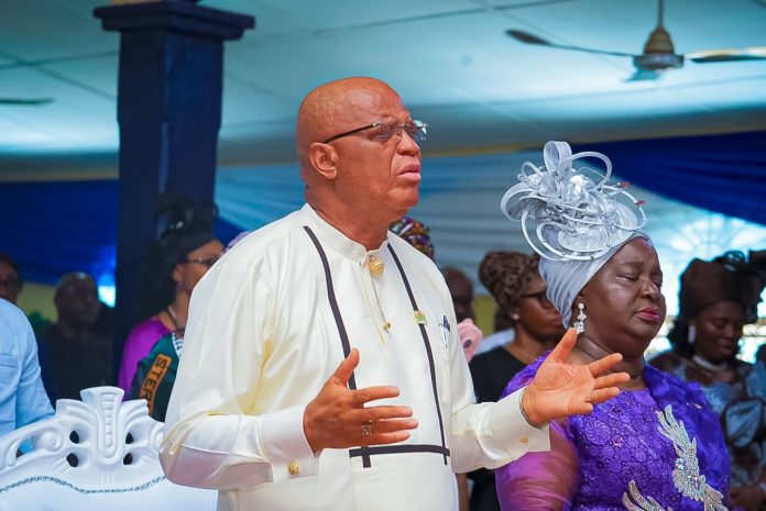 Akwa Ibom State Governor, Pastor Umo Eno and wife, during the Church service at the Presbyterian Church, Ikot Andem Itam, Itu LGA