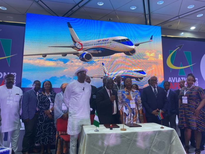 Minister of Aviation and Aerospace Development, Festus Keyamo (left); Director General, Nigeria Civil Aviation Authority (NCAA), Capt Musa Nuhu (middle), and other stakeholders during the occasion of Air Peace order of 10 aircraft at the ongoing 7th Aviation Africa Summit at the International Conference Centre in Abuja, on Thursday.