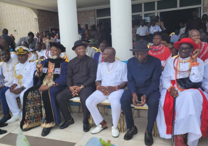 His Eminence, the Amanayabo of Twon-Brass, Alfred Papareye Diete-Spiff (2nd left); Minister of Aviation and Aerospace Development, Festus Keyamo (3rd left), and other guests at the first ever convocation ceremony of Nigeria Maritime University held at the ceremonial parade ground, Kurutie Campus, Okerenkoko, Delta State on Saturday, November 25.