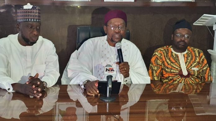 L-R: The Medical Director, FNPH, Maiduguri, Dr Ibrahim Abdu Wakawa; APN President, Prof. Taiwo James Obindo, and the Secretary General of APN, Dr Olajide Abayomi, during a press conference in Maiduguri on Friday.