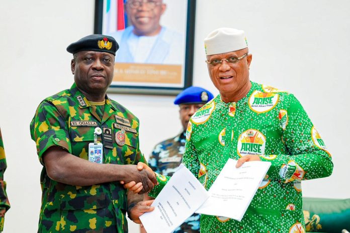 Akwa Ibom State Governor, Pastor Umo Eno and the Chief of Naval Staff, Vice Admiral Emmanuel Ogalla, during the contract signing ceremony at the Executive Chamber, Governor's Office, Akwa Ibom State, on Friday. Akwa Ibom State Governor, Pastor Umo Eno and the Chief of Naval Staff, Vice Admiral Emmanuel Ogalla, during the contract signing ceremony at the Executive Chamber, Governor's Office, Akwa Ibom State, on Friday.