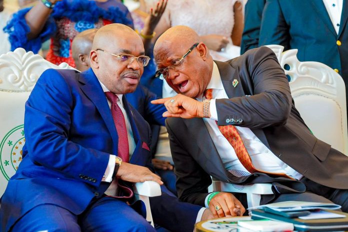 Akwa Ibom State Governor, Pastor Umo Eno, and former governor of the State, Mr Udom Emmanuel, at the state's annual thanksgiving service held at the International Worship Center, Uyo on Tuesday.