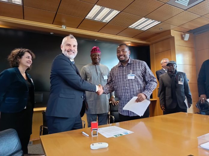 L-R: Business Development Manager of ENAC, Farbrice Fabre, Minister of Aviation and Aerospace Development, Mr Festus Keyamo and the Registrar of Africa Aviation and Aerospace University, Mustapha Abdullahi Sheikh, during the signing of an MoU in Toulouse, France recently.