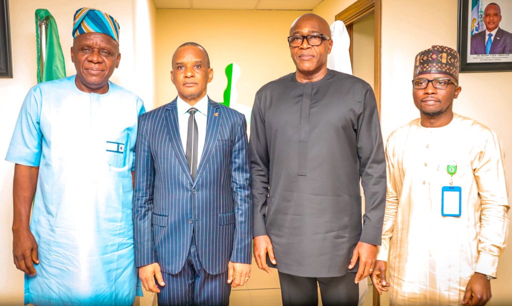 Executive Director Operations, Nigerian Maritime Administration and Safety Agency, NIMASA, Engr. Fatai Taiye Adeyemi; Outgoing Director General NIMASA, Dr Bashir Jamoh, OFR; Acting DG/Executive Director, Finance and Administration, Hon. Chudi Offodile and Executive Director Maritime Labour and Cabotage Services, Mr. Jibril Abba during the Hand-Over Ceremony held at the NIMASA Towers in Victoria Island, Lagos.