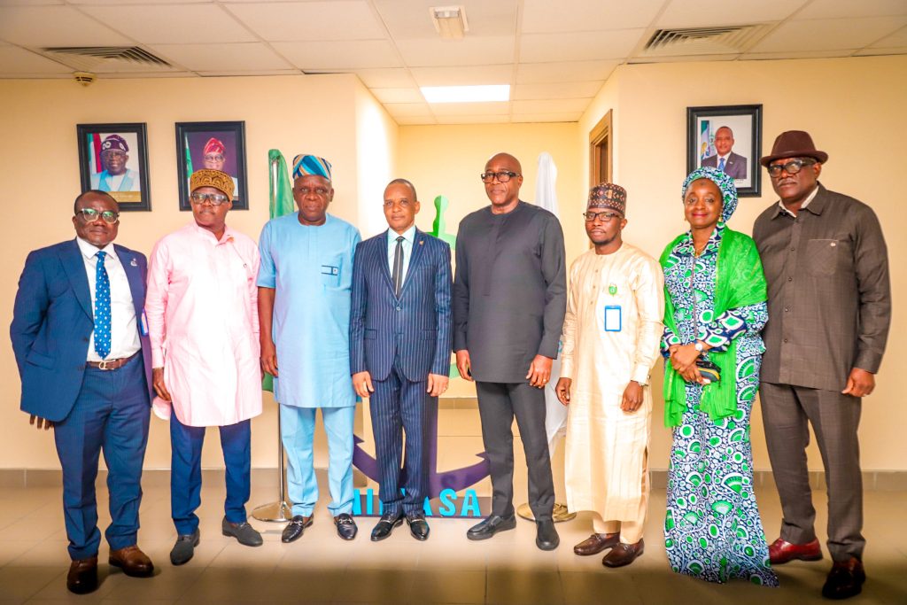 Director, Data Management Services, Nigerian Maritime Administration and Safety Agency, NIMASA, Engr. Chris Amakulo, Director Deep Blue, Mr. Otonye Obom, Executive Director Operations, NIMASA, Engr. Fatai Taiye Adeyemi; Outgoing Director General NIMASA, Dr. Bashir Jamoh, OFR;  Executive Director, Finance and Administration/Acting Director General, Hon. Chudi Offodile; Director, Reform Coordination and Strategic Communication, NIMASA, Aishatu Jidda and Director Special Duties, NIMASA, Isichei Osamgbi during the Hand-Over Ceremony held at the NIMASA Towers in Victoria Island, Lagos.
