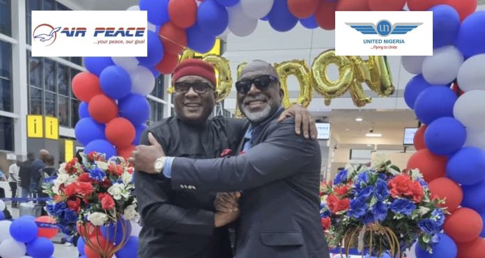 Chairman/CEO of Air Peace, Dr. Allen Onyema (left) and Chairman, United Nigeria Airlines, Prof Obiora Okonkwo at the celebration of Air Peace's inaugural flight to London on March 30, 2024, at the Murtala Muhammed International Airport, Lagos.