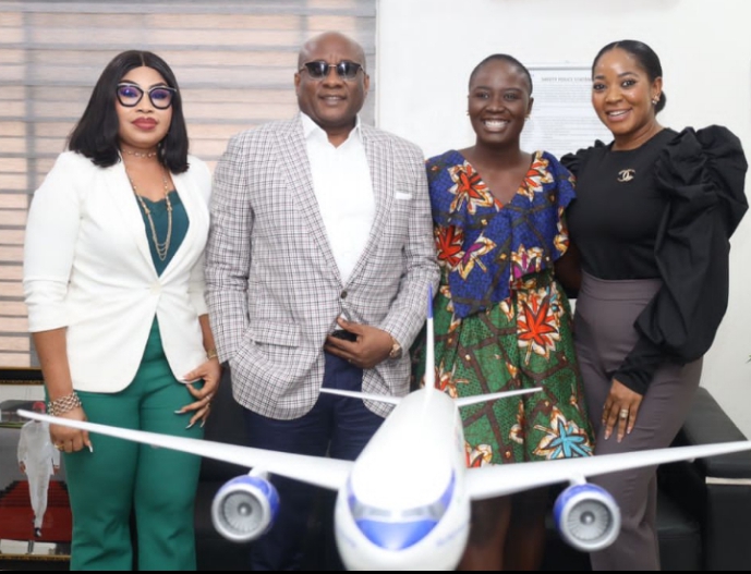 L-R : Oluwatoyin Olajide, Chief Operating Officer, Air Peace; Dr Allen Onyema, Chairman, Air Peace; Miss Pelumi Nubi, Travel Content Creator and Ejiro Eghagha, Chief of Administration and Finance, during Pelumi's courtesy visit to Onyema at the airline's head office in Lagos, on Monday. L-R : Oluwatoyin Olajide, Chief Operating Officer, Air Peace; Dr Allen Onyema, Chairman, Air Peace; Miss Pelumi Nubi, Travel Content Creator and Ejiro Eghagha, Chief of Administration and Finance, during Pelumi's courtesy visit to Onyema at the airline's head office in Lagos, on Monday.