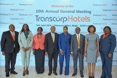 Transcorp Hotels Plc 10th AGM on April 29, 2024: l-r: Non-Executive Director, Peter Elumelu; Non-Executive Director, Dr Owen D. Omogiafo; Independent Non-Executive Director, Bolanle Onagoruwa; Chairman, Emmanuel Nnorom; Managing Director/CEO, Dupe Olusola; Independent Non-Executive Director, Garba Abubakar; Non-Executive Director, Adesimbo Bello-Ukiri; and Dr Oluwatoyin Madein, Non-Executive Director, at the 10th Annual General Meeting of Transcorp Hotels Plc, held at Transcorp Hilton, Abuja on Monday Transcorp Hotels Plc 10th AGM on April 29, 2024: l-r: Non-Executive Director, Peter Elumelu; Non-Executive Director, Dr Owen D. Omogiafo; Independent Non-Executive Director, Bolanle Onagoruwa; Chairman, Emmanuel Nnorom; Managing Director/CEO, Dupe Olusola; Independent Non-Executive Director, Garba Abubakar; Non-Executive Director, Adesimbo Bello-Ukiri; and Dr Oluwatoyin Madein, Non-Executive Director, at the 10th Annual General Meeting of Transcorp Hotels Plc, held at Transcorp Hilton, Abuja on Monday