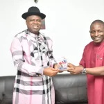 Wrestling Federation Applauds Gov Diri For Re-Appointing Daniel Igali As Commissioner Senator Douye Diri, Governor of Bayelsa State, here being presented a souvenir from the Tunisian Wrestling Federation by Dr. Daniel Igali,