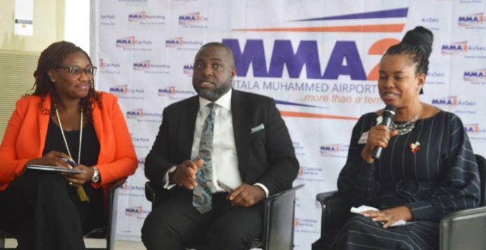 L-R: Head, Corporate Communications, Murtala Muhammed Airport Terminal Two (MMA2), Mrs. Ajoke Yinka Olawuyi; Acting Chief Operating Officer, MMA2, Mr. Remi Ajibodu, and Mrs Monica Oguta, Head, Aviation Security, MMA2 during the press conference on the forthcoming 17th-anniversary celebration and tour of the new facility at MMA2 on Monday in Lagos. L-R: Head, Corporate Communications, Murtala Muhammed Airport Terminal Two (MMA2), Mrs. Ajoke Yinka Olawuyi; Acting Chief Operating Officer, MMA2, Mr. Remi Ajibodu, and Mrs Monica Oguta, Head, Aviation Security, MMA2 during the press conference on the forthcoming 17th-anniversary celebration and tour of the new facility at MMA2 on Monday in Lagos.