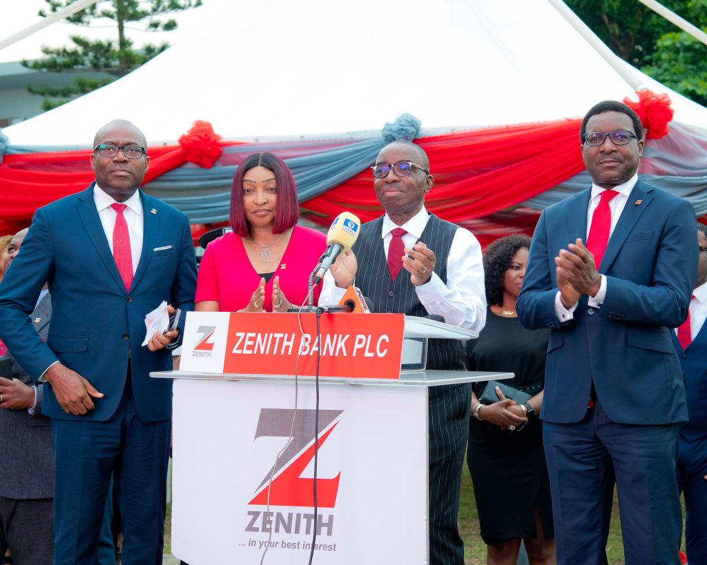 Outgoing Group Managing Director/Chief Executive, Zenith Bank Plc, Dr. Ebenezer Onyeagwu (2nd Right) flanked by Executive Director, Mr. Akin Ogunranti (1st Right); Executive Director, Dr. (Mrs.) Adobi Nwapa (3rd Right) and Executive Director, Mr. Adamu Lawani (4th Right) during the launch of the bank’s state-of-the-art digital LED screen at Ajose Adeogun Roundabout, Victoria Island, Lagos, on Thursday. - THEWILL NEWS MEDIA Outgoing Group Managing Director/Chief Executive, Zenith Bank Plc, Dr. Ebenezer Onyeagwu (2nd Right) flanked by Executive Director, Mr. Akin Ogunranti (1st Right); Executive Director, Dr. (Mrs.) Adobi Nwapa (3rd Right) and Executive Director, Mr. Adamu Lawani (4th Right) during the launch of the bank’s state-of-the-art digital LED screen at Ajose Adeogun Roundabout, Victoria Island, Lagos, on Thursday.