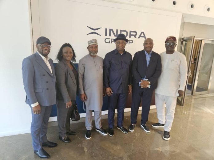 L-R. Yisa Osaghie, SA To The Aviation Minister; Terese Ijeoma Ihenacho, Director, SEES, NAMA; Air Marshal Hassan Bala Abubakar, Chief of Air Staff; Festus Keyamo SAN, Minister of Aviation and Aerospace Development; Engr. Ahmed Umar Farouk, MD, NAMA, and Niyi Fatogun, SA To the Aviation Minister during a 3-day visit to Indra in Spain. L-R. Yisa Osaghie, SA To The Aviation Minister; Terese Ijeoma Ihenacho, Director, SEES, NAMA; Air Marshal Hassan Bala Abubakar, Chief of Air Staff; Festus Keyamo SAN, Minister of Aviation and Aerospace Development; Engr. Ahmed Umar Farouk, MD, NAMA, and Niyi Fatogun, SA To the Aviation Minister during a 3-day visit to Indra in Spain.