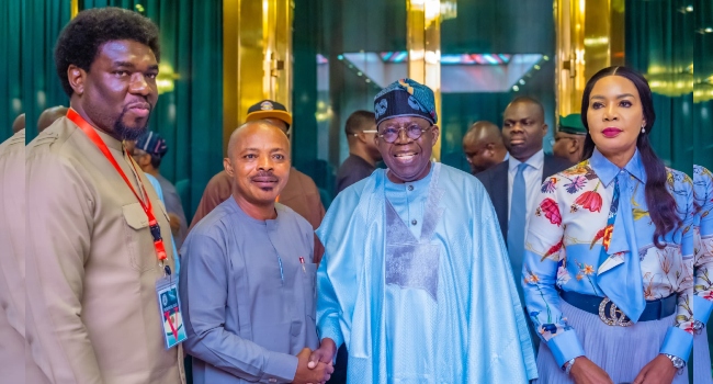 L-R: TUC’s Festus Osifo, NLC’s Joe Ajaero, President Bola Tinubu and Labour Minister Nkiruka Onyejeocha at the State House in Abuja on July 18, 2024