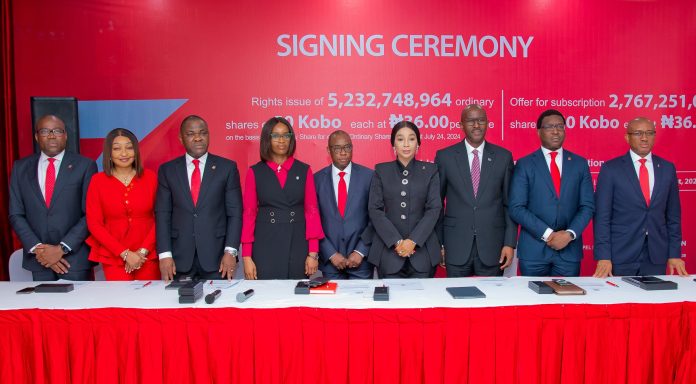 Executive Director, Adamu Lawani (left); Executive Director, Mrs Adobi Nwapa; Executive Director, Mr Henry Oroh; Executive Director, Stanbic IBTC Capital Limited, Mrs Oyindamola Akinyemi; Managing Director/Chief Executive, Zenith Bank Plc, Dame Dr Adaora Umeoji; Company Secretary, Micheal Otu; Chief Executive, Stanbic IBTC Capital Limited, Mr Oladele Sotubo; Executive Director, Akin Ogunranti and Executive Director, Zenith Bank Plc, Louis Odom during the Zenith Bank Capital Raising signing ceremony at the Civic Centre, Victoria Island, Lagos, yesterday. Executive Director, Adamu Lawani (left); Executive Director, Mrs Adobi Nwapa; Executive Director, Mr Henry Oroh; Executive Director, Stanbic IBTC Capital Limited, Mrs Oyindamola Akinyemi; Managing Director/Chief Executive, Zenith Bank Plc, Dame Dr Adaora Umeoji; Company Secretary, Micheal Otu; Chief Executive, Stanbic IBTC Capital Limited, Mr Oladele Sotubo; Executive Director, Akin Ogunranti and Executive Director, Zenith Bank Plc, Louis Odom during the Zenith Bank Capital Raising signing ceremony at the Civic Centre, Victoria Island, Lagos, yesterday.
