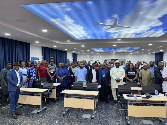 Acting Director General, NCAA, Captain Chris Najomo (4th right) flanked by participants at the training programme organised for the Consumer Protection Portal proposed by the authority. Acting Director General, NCAA, Captain Chris Najomo (4th right) flanked by participants at the training programme organised for the Consumer Protection Portal proposed by the authority.