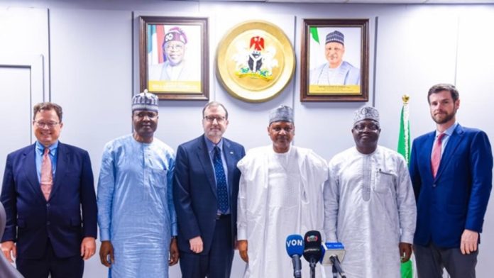 L-R: US Embassy Public Diplomacy Counselor, Mr Lee McManis; Director General, Voice of Nigeria, Mallam Jibrin Baba-Ndace; Ambassador of the United States to Nigeria, Mr Richard Mills; Minister of Information and National Orientation, Mohammed Idris; Director General, National Orientation Agency, Mr. Lanre Issa-Onilu and the United States Embassy spokesperson and Press Attaché, Mr. Gilbert Morton when the US Envoy visited the Minister in his office in Abuja, on Wednesday.
