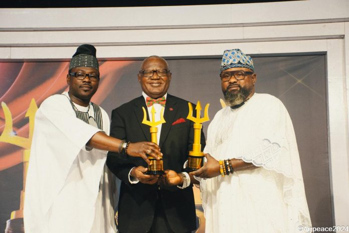 L-R: Air Peace Sales and Business Development Team Lead, Adekunle Aileru; Former Chairman of Zenith Bank, Nigeria, Sir Steve Bamidele Omojafor (OON); and Air Peace Head of Sales and Business Development, Mr. Davids Adeyemi, while receiving the airline's "Outstanding Brand of the Year" award and the Chairman’s award for “Brand Personality of the Year" at the 2024 Marketing Edge Awards held on Saturday, September 28 at the Balmoral Event Hall, Sheraton Hotel, Ikeja, Lagos. L-R: Air Peace Sales and Business Development Team Lead, Adekunle Aileru; Former Chairman of Zenith Bank, Nigeria, Sir Steve Bamidele Omojafor (OON); and Air Peace Head of Sales and Business Development, Mr. Davids Adeyemi, while receiving the airline's "Outstanding Brand of the Year" award and the Chairman’s award for “Brand Personality of the Year" at the 2024 Marketing Edge Awards held on Saturday, September 28 at the Balmoral Event Hall, Sheraton Hotel, Ikeja, Lagos.