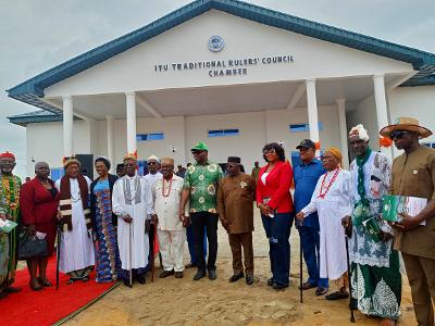 Hon. Commissioner, Ministry of Local Government and Chieftaincy Affairs, Akwa Ibom State, Hon. Frank Archibong, immediate past Chairman of Itu LGA, Barr. Etetim Onuk, major stakeholders and traditional rulers in Itu LGA, during the unveiling of the Traditional Rulers Council Multipurpose Hall in the Council Headquarters, Mbak Atai. Hon. Commissioner, Ministry of Local Government and Chieftaincy Affairs, Akwa Ibom State, Hon. Frank Archibong, immediate past Chairman of Itu LGA, Barr. Etetim Onuk, major stakeholders and traditional rulers in Itu LGA, during the unveiling of the Traditional Rulers Council Multipurpose Hall in the Council Headquarters, Mbak Atai.