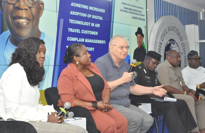 L-R: Assistant General-Manager, Flight Operations and Adjudication, NCAA, Ms Ifueko Abdulmalik; Director, Airline Services, Ibom Air, Mrs Amaka Echetabu; Chairman, Jonah Aviation Holding, South Africa, Mr John Westerhoff; Deputy Commissioner of Police, Interpol Abuja, Mr Solomon Oke; Deputy Commander, NDLEA, Mr Aigberer Bart and President NANTA, Mr Yinka Folami, during the NCAA Consumer Protection National Stakeholder Summit with the theme: Achieving Increase Adoption of Digital Technology in Air Travel Customer Complaint Management the Regulatory Perspective" in MMIA, Lagos. on Tuesday. L-R: Assistant General-Manager, Flight Operations and Adjudication, NCAA, Ms Ifueko Abdulmalik; Director, Airline Services, Ibom Air, Mrs Amaka Echetabu; Chairman, Jonah Aviation Holding, South Africa, Mr John Westerhoff; Deputy Commissioner of Police, Interpol Abuja, Mr Solomon Oke; Deputy Commander, NDLEA, Mr Aigberer Bart and President NANTA, Mr Yinka Folami, during the NCAA Consumer Protection National Stakeholder Summit with the theme: Achieving Increase Adoption of Digital Technology in Air Travel Customer Complaint Management the Regulatory Perspective" in MMIA, Lagos. on Tuesday.
