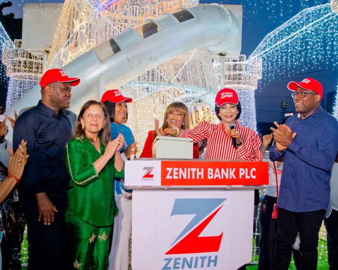 L-R: Executive Director, Zenith Bank Plc, Mr. Henry Oroh; General Manager, Quantum Markets, Mrs. Dani Punam; Executive Director, Zenith Bank, Mrs. Adobi Nwapa; Wife of the Founder and Chairman of Zenith Bank Plc, Mrs. Kay Ovia; Group Managing Director/Chief Executive, Zenith Bank Plc, Dame (Dr.) Adaora Umeoji, OON; and Executive Director, Zenith Bank, Mr. Adamu Lawani during the 2024 Zenith Bank Christmas Light-Up of Ajose Adeogun Street, Victoria Island, Lagos at the weekend. L-R: Executive Director, Zenith Bank Plc, Mr. Henry Oroh; General Manager, Quantum Markets, Mrs. Dani Punam; Executive Director, Zenith Bank, Mrs. Adobi Nwapa; Wife of the Founder and Chairman of Zenith Bank Plc, Mrs. Kay Ovia; Group Managing Director/Chief Executive, Zenith Bank Plc, Dame (Dr.) Adaora Umeoji, OON; and Executive Director, Zenith Bank, Mr. Adamu Lawani during the 2024 Zenith Bank Christmas Light-Up of Ajose Adeogun Street, Victoria Island, Lagos at the weekend.