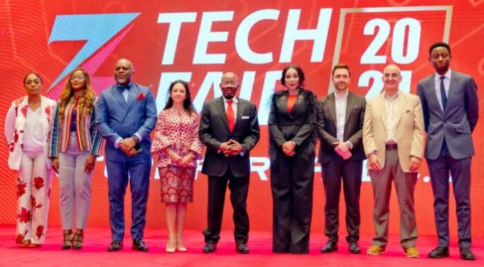 L-R: Founder/Director, Nistad Limited, Ada Jabaru; Director-General/CEO, NIMC, Bisoye Coker-Odusote; Special Adviser to the President on Economic Matters, Dr Tope Fasua; Partner, Africa, AI & Data Leader, Deloitte, Jania Okwechime; Founder & Chairman, Zenith Bank Plc, Jim Ovia; Group Managing Director/ Chief Executive, Zenith Bank Plc, Dame (Dr) Adaora Umeoji; Global Expert on AI, Danilo McGarry; Strategy & Digital Implementation Specialist, Robin Speculand; and Commissioner for Science, Innovation & Technology, Lagos State, Olatunbosun Alake during the Zenith Tech Fair 4.0, in Lagos, yesterday. L-R: Founder/Director, Nistad Limited, Ada Jabaru; Director-General/CEO, NIMC, Bisoye Coker-Odusote; Special Adviser to the President on Economic Matters, Dr Tope Fasua; Partner, Africa, AI & Data Leader, Deloitte, Jania Okwechime; Founder & Chairman, Zenith Bank Plc, Jim Ovia; Group Managing Director/ Chief Executive, Zenith Bank Plc, Dame (Dr) Adaora Umeoji; Global Expert on AI, Danilo McGarry; Strategy & Digital Implementation Specialist, Robin Speculand; and Commissioner for Science, Innovation & Technology, Lagos State, Olatunbosun Alake during the Zenith Tech Fair 4.0, in Lagos, yesterday.