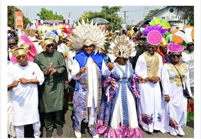 From left, Governor Usman Ododo of Kogi State; Governor AbdulRahman AbdulRazak of Kwara State, Governor Bassey Otu of Cross River State and the First Lady of Cross River State, Bishop Eyowan Bassey Otu; Senator John Owan Eno, Minister of State for Trade and Investments and his wife, Mrs Owan Eno, during the flag off of the biggest Street party in Africa, Carnival Calabar 2024 by governor Otu on Saturday, in Calabar. From left, Governor Usman Ododo of Kogi State; Governor AbdulRahman AbdulRazak of Kwara State, Governor Bassey Otu of Cross River State and the First Lady of Cross River State, Bishop Eyowan Bassey Otu; Senator John Owan Eno, Minister of State for Trade and Investments and his wife, Mrs Owan Eno, during the flag off of the biggest Street party in Africa, Carnival Calabar 2024 by governor Otu on Saturday, in Calabar.