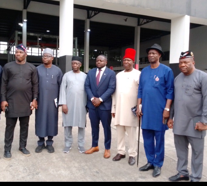 L-R :Director-General of the National Automotive Design and Development Council, NADDC, Oluwemimo Joseph Osanipin, Senator Sadiq Umar, Senator Shuaibu Lau, Chairman /CEO of Nord Automobiles, Ajayi Oluwatobi, Senator Victor Umeh, Senator Benson Agadaga and Senator Ekong Sampson when the Senate Committee on Industry made an inspection tour to Nord Automobiles in Lagos on Monday.