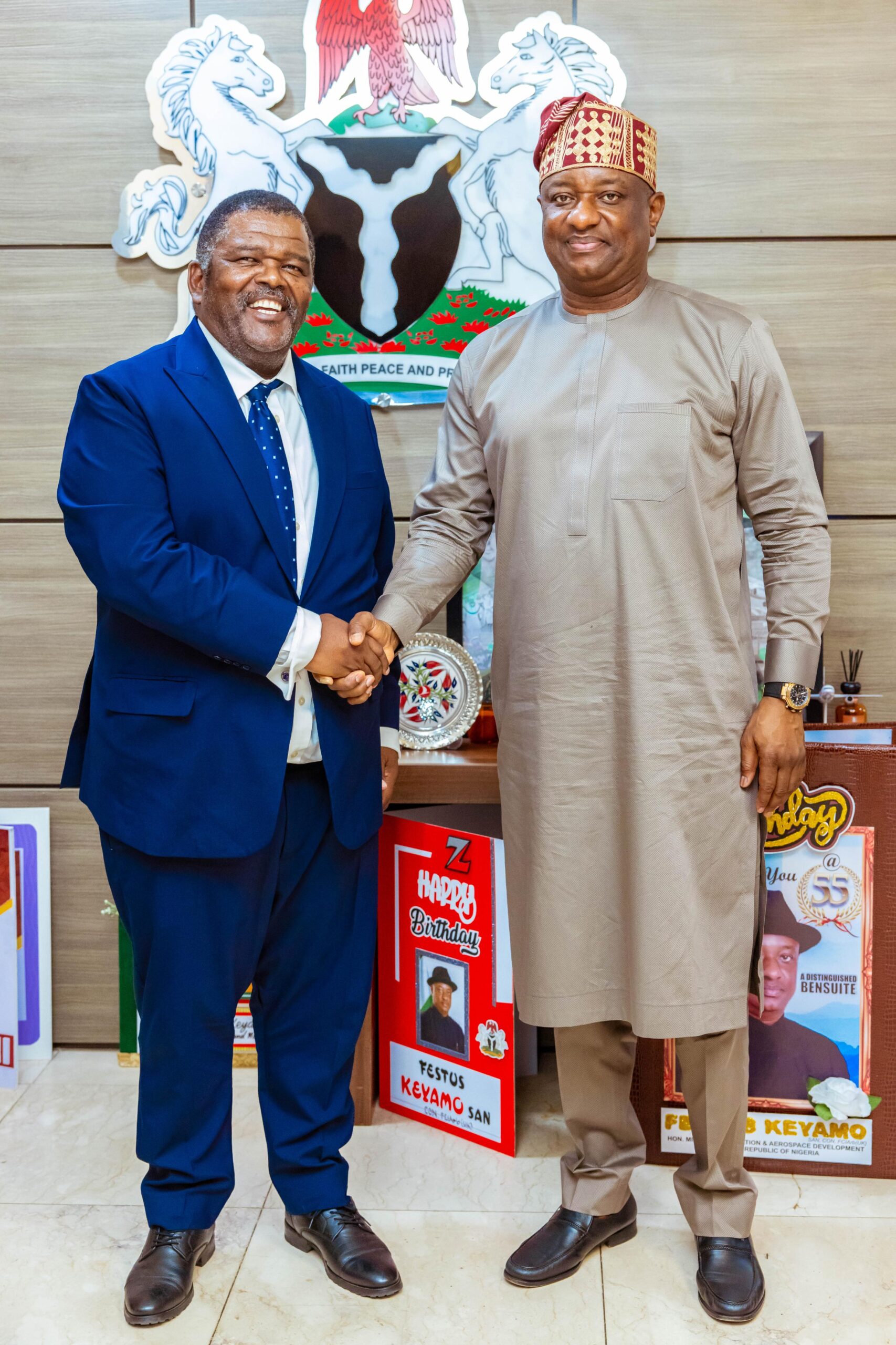 The Honourable Minister of Aviation and Aerospace Development, Festus Keyamo (right), receiving the Ambassador of Namibia to Nigeria, H.E. Humphrey Geiseb (left) in the Minister's office in Abuja Wednesday. mo - THEWILL NEWS MEDIA The Honourable Minister of Aviation and Aerospace Development, Festus Keyamo (right), receiving the Ambassador of Namibia to Nigeria, H.E. Humphrey Geiseb (left) in the Minister's office in Abuja Wednesday.