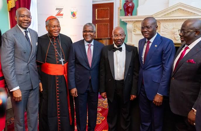 Chairman, Access Holdings Plc, Aigboje Aig-Imoukhuede, CFR (left); His Eminence John Cardinal Onaiyekan; President of Dangote Group, Alhaji Aliko Dangote, GCON; Founder and Chairman of Zenith Bank Plc, Jim Ovia, CFR; Governor of Lagos State, Mr Babajide Sanwo-Olu; and Governor of Delta State, Rt.Hon. (Elder) Sherrif Oborevwori.