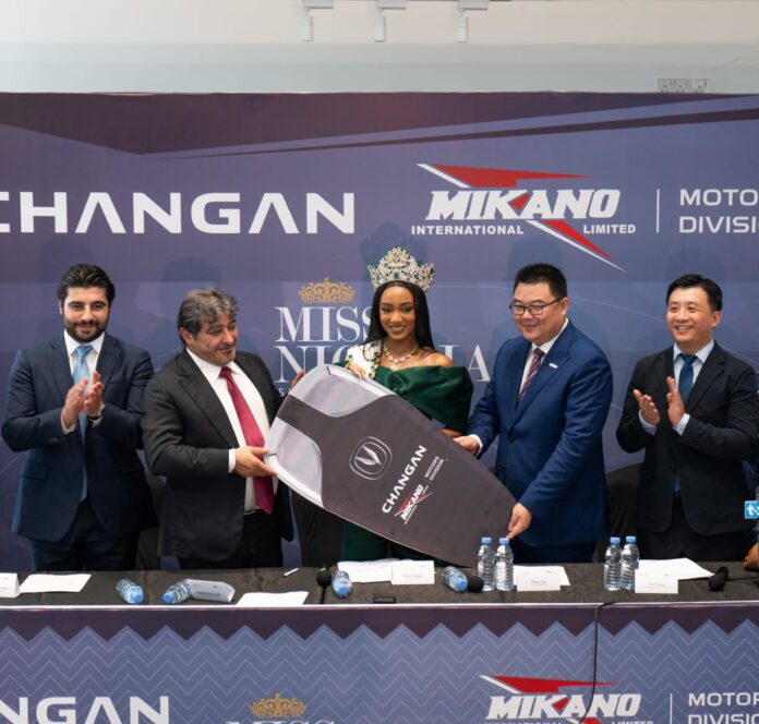 L-R: Mr Omar Karameh - Group Executive Director, Mikano International Limited; Mr Mofid Karameh - Chairman Mikano International Limited; Ms Doris Ogah - (45th Miss Nigeria); Mr Peng Tao (Executive VP, Changan Auto), Mr Tom Yin (Vice General Manager, Changan MEA) at the presentation of Eado Plus Luxury Sedan (Changan) to 45th Miss Nigeria by Mikano Motors in Lagos on Monday.