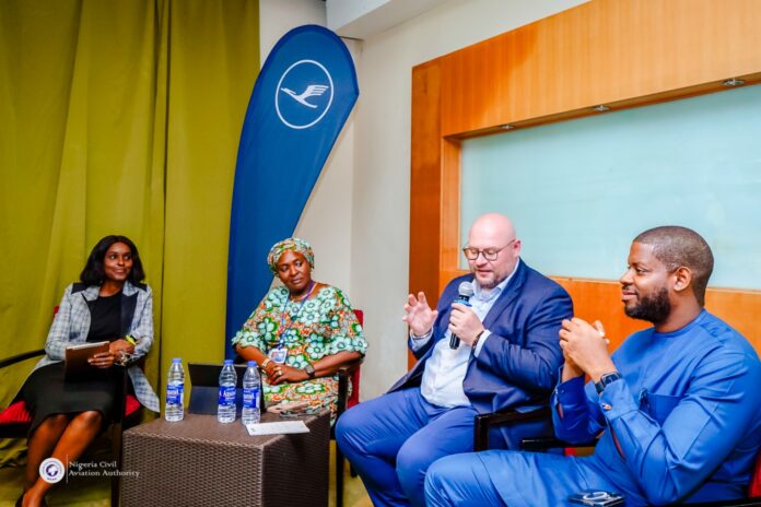Mrs Evelyn Tanko, Deputy General Manager, (Commercial Agreement & Aviation Environment) and representative of Director of Air Transport Regulations, Nigeria Civil Aviation Authority (NCAA) Mrs Olayinka Babaoye-Iriobe (2nd left), Senior Director (Sales), Lufthansa Sub-Saharan Africa, Mr Rene Koinzack (2nd right) and others at the exclusive discourse event organised by Lufthansa Airlines at Radisson Blu Anchorage Hotel, Victoria Island, Lagos recently.