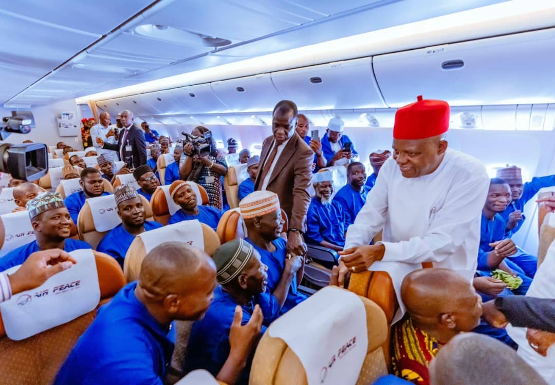 Hajj Pilgrims boarding their flight from Sam Mbakwe International Cargo Airport in Owerri, Imo State, to Medina in Saudi Arabia. - THEWILL NEWS MEDIA Hajj Pilgrims boarding their flight from Sam Mbakwe International Cargo Airport in Owerri, Imo State, to Medina in Saudi Arabia.