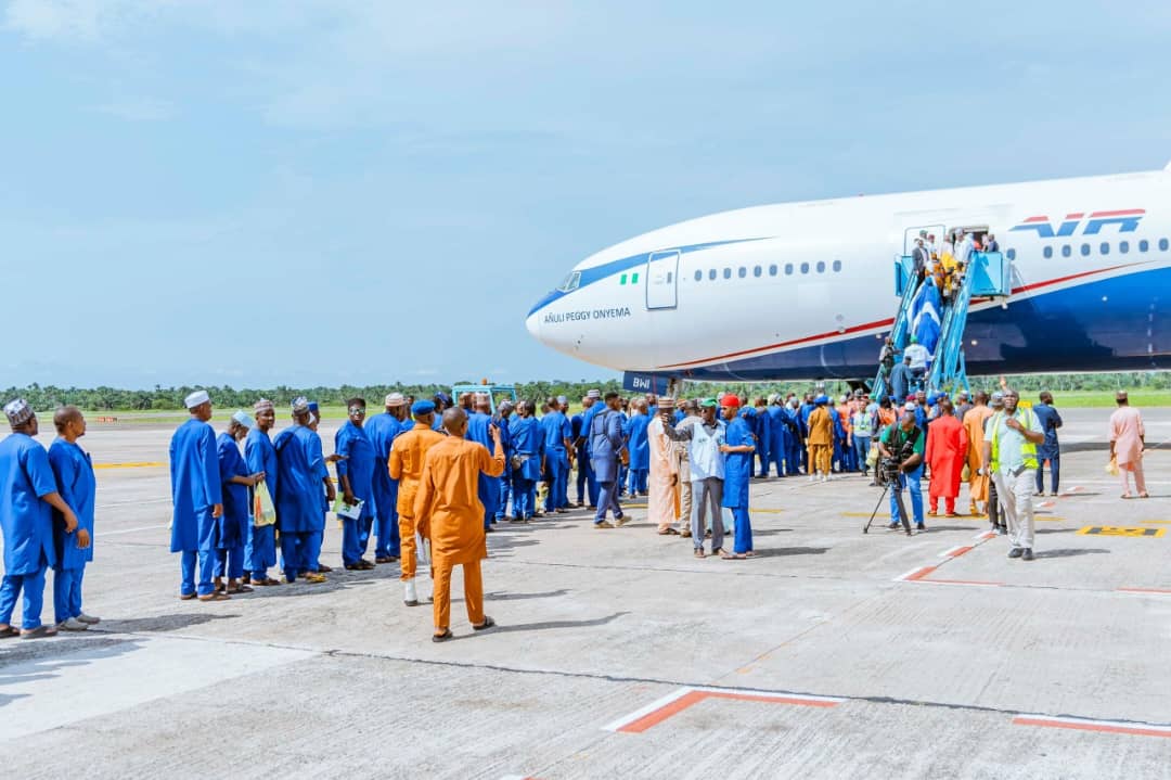 Hajj Pilgrims boarding their flight from Sam Mbakwe International Cargo Airport in Owerri, Imo State, to Medina in Saudi Arabia. - THEWILL NEWS MEDIA Hajj Pilgrims boarding their flight from Sam Mbakwe International Cargo Airport in Owerri, Imo State, to Medina in Saudi Arabia.