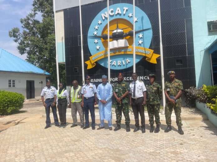 The Rector/Chief Executive of The Nigerian College of Aviation Technology (NCAT), Dr Danjuma Ismaila (middle), Commander, Presidential Airfleet, AVM Olayinka Oyesola (4th right) and other officials when the latter visited the College recently. The Rector/Chief Executive of The Nigerian College of Aviation Technology (NCAT), Dr Danjuma Ismaila (middle), Commander, Presidential Airfleet, AVM Olayinka Oyesola (4th right) and other officials when the latter visited the College recently.