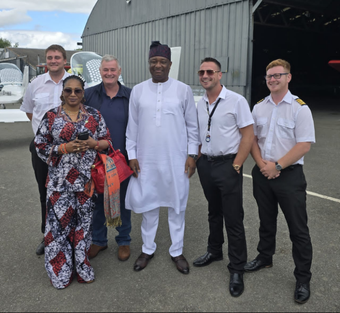 L-R: Newcastle CEO, John Nugent and partner, Jimmy Brown, Honourable Minister of Aviation and Aerospace Development, Festus Keyamo, Tim Stevens, Head of Safety and the Charge D'Affairs Nigeria Embassy, Mrs. Ibiyemi Ajiboye-Roberts by the Charge D’Affaires of the Nigerian Embassy in Ireland, Mrs. Ibiyemi Ajiboye-Roberts, during a technical visit by the Minister to Newcastle Aerodrome Aviation School located in Wicklow County, Dublin.