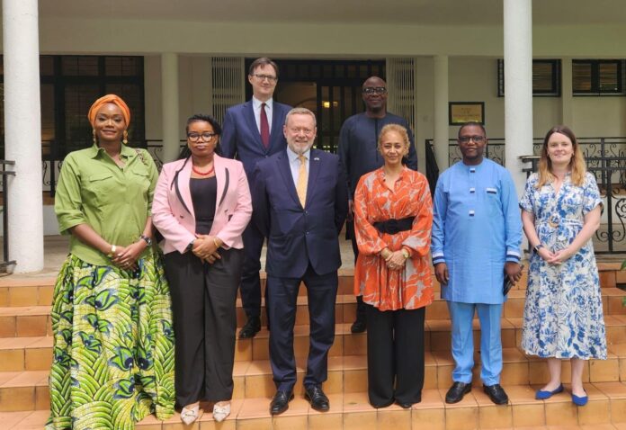 Left to Right: Second Row] The UNHCR Representative in Nigeria, Arjun Jain; UNICEF Representative in Nigeria, Cristian Munduate; UK Government’s Minister for Africa, Lord Collins of Highbury MP; Head, Lake Chad Basin Block and Humanitarian and Resilience Team Leader, Elizabeth McGarva; UK’s Development Director in Nigeria, Cynthia Rowe; [Right to Left: First Row], British High Commissioner to Nigeria, Dr Richard Montgomery; UN Resident and Humanitarian Coordinator in Nigeria; Mohamed M. Malick Fall; and Country Director, World Food Programme in Nigeria, David Stevenson, after the meeting with UN Representatives at the British High Commissioner’s Residence in Maitama, Abuja, today.