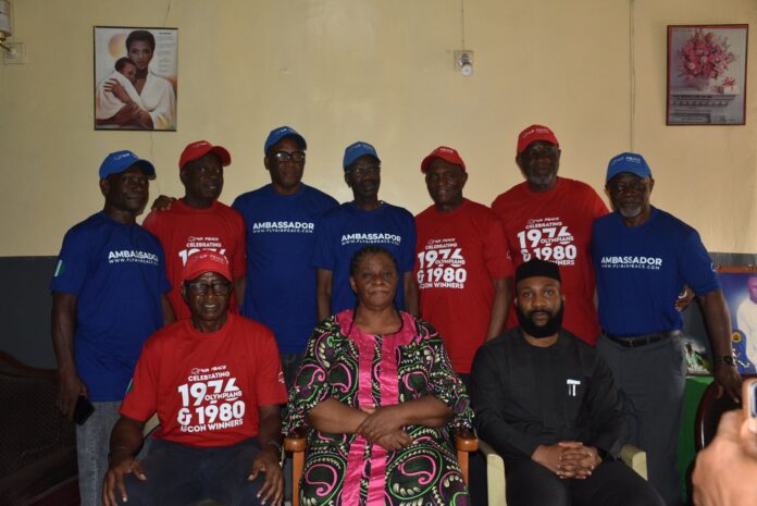 A delegation of Nigerian football legends and Air Peace Ambassadors, led by former football star and Olympian Dr. Olusegun Odegbami, during a condolence visit to the family of the late Christian Chukwu, MFR, in Enugu.