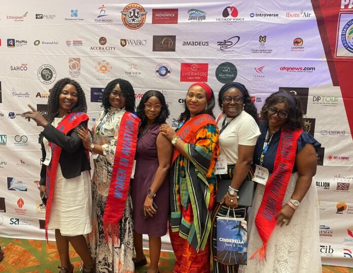 L-R:Ms. Bege Danladi (NAMA), Ms. Sylvia Egbegi (FAAN), Ms Folashade Ojoare (PH Travels & tours LTD), Amb. Ijeoma Chukwu (FAAN), Ms Adesua Jibunoh (Encima Travels), and Mrs Ruth Igbinosa (NCAA), all of WAI at the 5th edition of CHINET Avicargo Conference held at Eko Hotels and Suites in Lagos Tuesday.