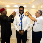Air Peace Elevates Senior First Officer Ayegba To Captain Chairman and Chief Executive Officer, Dr Allen Ifechukwu Onyema (left) and Deputy Head of Training, Captain José Calvino (right) decorating the newly elevated captain, Solomon Ayegba at the airline’s corporate headquarters in Ikeja, Lagos recently.