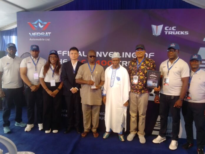 L-R: After-Sales Manager of Versat Automobile, Ifeanyi Igbokwe, success, Sales Manager of Versat Automobile, Umo Ekanem, key decision makers, Executive Director, Versat Automobile, Mrs Ebere Anenih, Senior Marketing Manager, Chery Commercial Vehicle International, Ben Jin, Customer, Frank Ofodile, Chairman, Versat Automobile Limited, Alhaji Francis Ogboro and others at the unveiling of the C&C U400 Heavy-Duty Trucks to the Nigerian market in Lagos on Friday.
