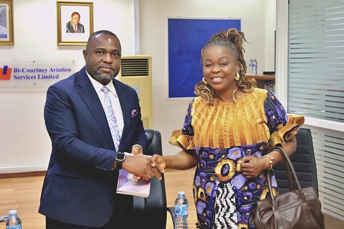The Director of Lagos Operations of the Federal Radio Corporation of Nigeria (FRCN), Princess Adenike Adegoke (right) and the Acting Chief Operating Officer and Head Aeronautical Services, Murtala Muhammed Airport Terminal 2, Mr Remi Jibodu (left) during the courtesy visit recently.