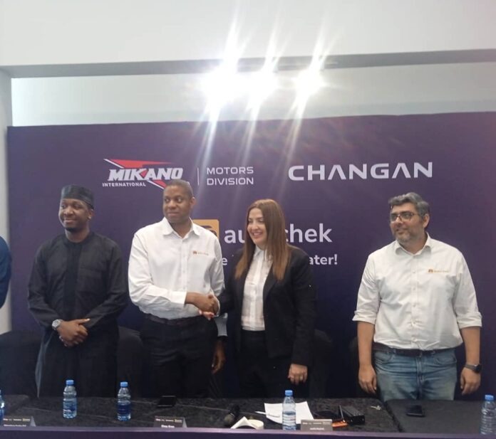 L-R: Head of Operations, Mikano Motors, Syam Abdulkadir, CEO, Autochek Africa, Etop Ikpe, Group Executive Director Mikano International, Joelle Haykal and Chief Technology Officer, Autochek, Chetan Seth during the unveiling of the partnership deal between Mikano Motors and Autochek Africa at the Mikano Motors Showroom in Victoria Island, Lagos on Friday.