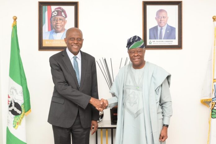 Discussing Key Economic Issues: The Governor of the Central Bank of Nigeria (CBN), Mr. Olayemi Cardoso (left), and the Minister of Finance and Co-ordinating Minister of the Economy, Mr. Wale Edun, after a strategic meeting at the CBN Head Office, Abuja, on Monday, 2 March 2026.